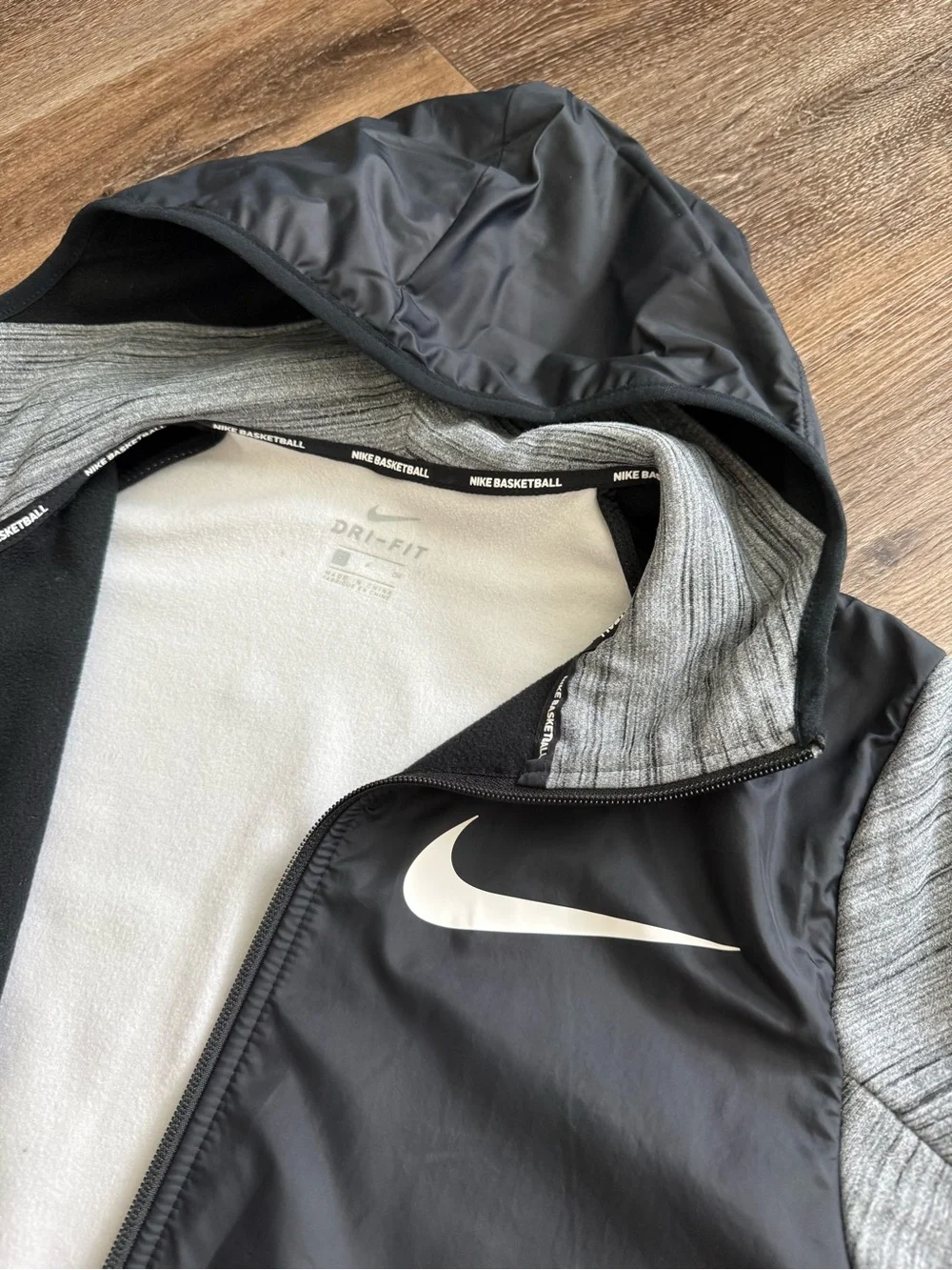 Nike Black and Gray Hooded Full-Zip Jacket with White Swoosh